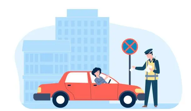 Vector illustration of Policeman and driver. Traffic cop give parking ticket, driving mistake. Officer fine to man in car, prohibited park auto. Recent vector city scene with inspector