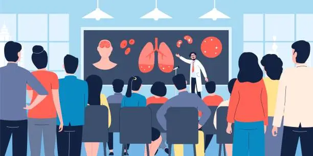 Vector illustration of Medical healthcare conference, audience on courses doctor. Speaker and students, science congress or college lecture. Health training recent vector scene
