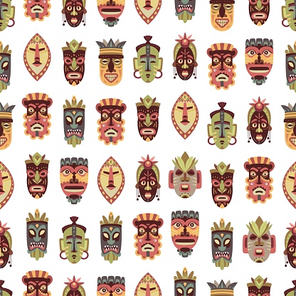 Ethnic african masks background. Wood mask tiki ritual. Art tribal hawaiian face totems. Colorful fabric print template, classy vector seamless pattern. Illustration of ritual tiki mask, ethnic face