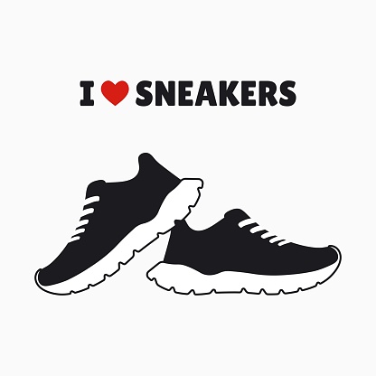 I love sneakers quote with red shape heart. Pair of black sneakers on white background. Isolated vector illustration.