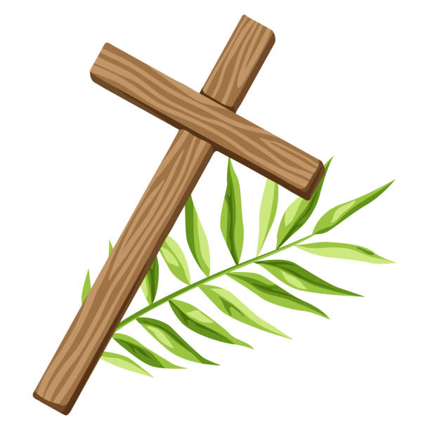 ilustrações de stock, clip art, desenhos animados e ícones de christian illustration of wooden cross and palm branch. happy easter image. - god crucifix cross human hand