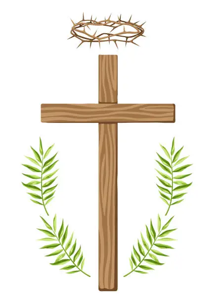 Vector illustration of Christian illustration of wooden cross and crown of thorns. Happy Easter image.