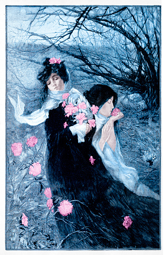 Two women with pink flowers in romantic winter scenery 
Original edition from my own archives
Source : Ilustración Artística 1899
after Miguel Simonidy ( Perfume of winter )
