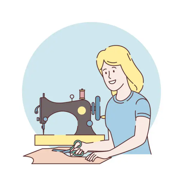 Vector illustration of Tailor creating outfit and apparel on vintage sewing machine. Smiling woman seamstress with scissors in hand. Happy female designer or dressmaker ready for clothes creating. Vector flat illustration.