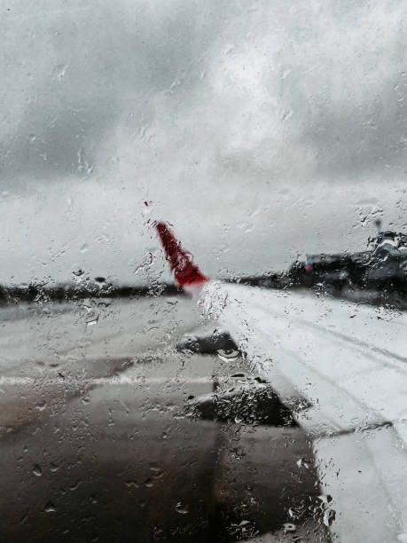 View from Airplane of Rainy evening Departure from Airport