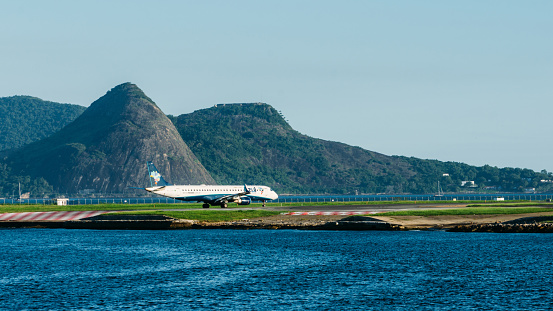 Rio de Janeiro, Brazil - January 16, 2023: Azul airline airplane taxiing at Santos Dumont Airport in Rio de Janeiro, Brazil