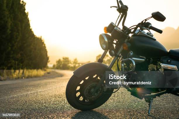 Motorcycle Parked On The Road Stock Photo - Download Image Now - Motorcycle, Electric Motor, Engine