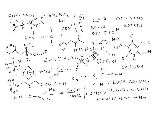 Vector illustration of Chemical formulas and expressions. Vector scientific background. Handwritten on white.