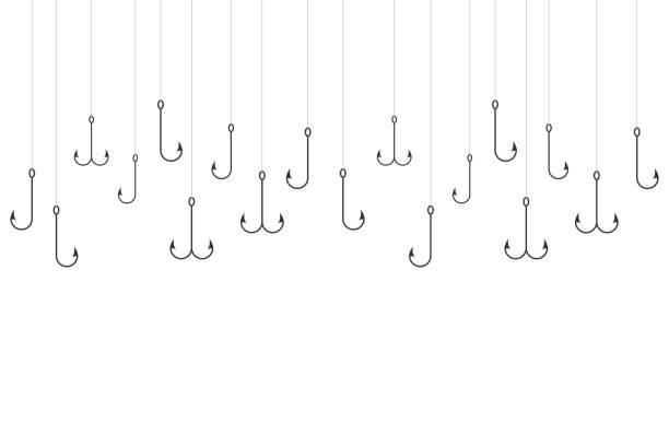 Hooks background Fishing hooks on fishing lines underwater graphic background. Wallpaper with catching fish. Vector illustration hook equipment stock illustrations