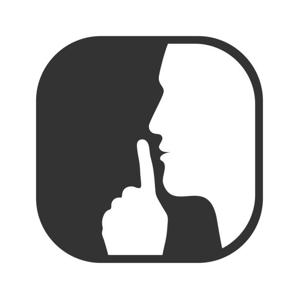 Silently No talking please. Head human silhouette with finger on lips. Sign ask for silence isolated on white background. Vector illustration keep calm and stock illustrations
