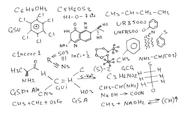 Vector illustration of Chemical formulas and expressions. Vector scientific background. Handwritten on white.