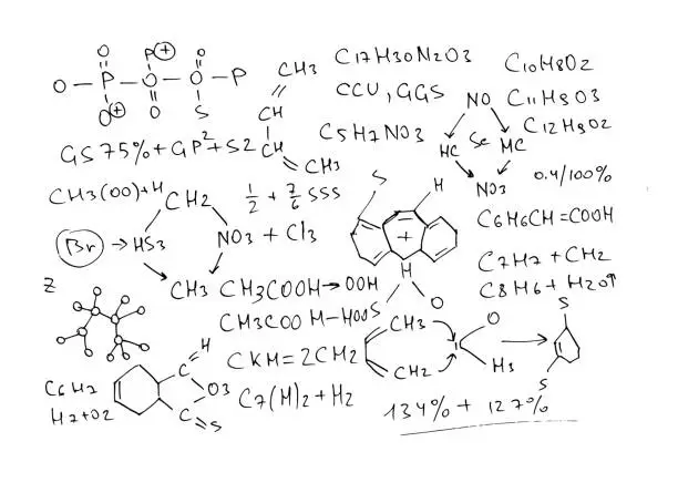 Vector illustration of Chemical formulas and expressions. Vector scientific background. Handwritten on white.