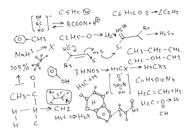 Vector illustration of Chemical formulas and expressions. Vector scientific background. Handwritten on white.