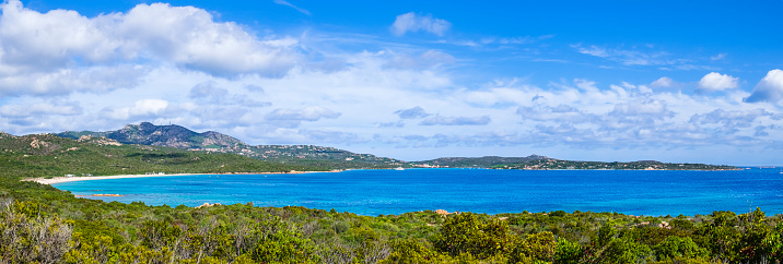 High angle view of the Costa Smeralda landscape with the Liscia Ruja beach, one of the most beautiful beaches in Costa Smeralda in the northeast coast of Sardinia (3 shots stitched)