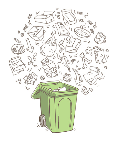 This is a digital sketch of a trash can and garbage symbols set