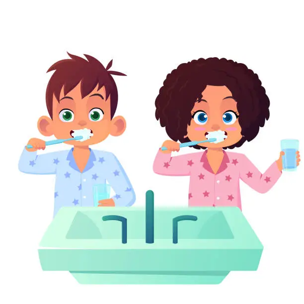 Vector illustration of Kids In Pajamas Brushing Their Tooth Cartoon Illustration