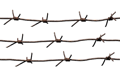 Old rusty barbed wire isolated on white background