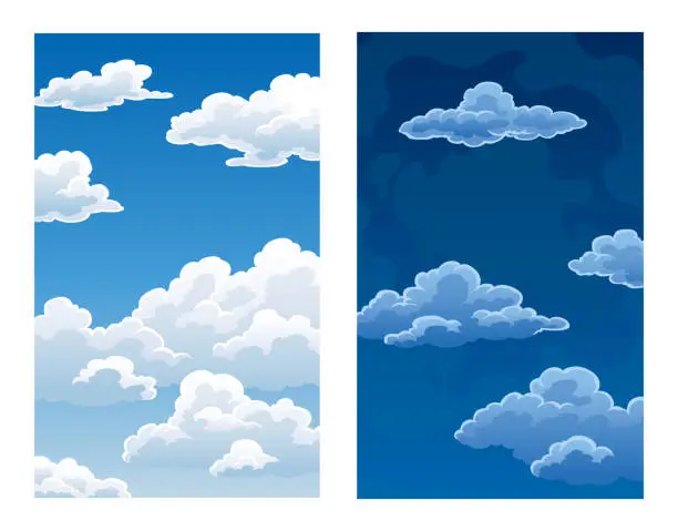 Vector illustration of Day and night, sun and moon with clouds. Weather app screen, mobile interface design. Forecast weather background. Time concept vector banner