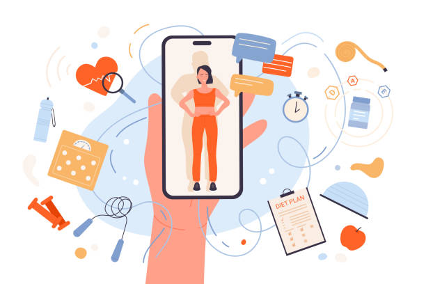 ilustrações, clipart, desenhos animados e ícones de perda de peso com aplicativo móvel, telefone de mão segurando com menina slim feliz em roupas esportivas - people equipment healthcare and medicine slim