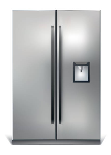 istock Gray vertical fridge for preserve food. Silver refrigerator with two doors. Modern cooler for home, products storage 1457102701