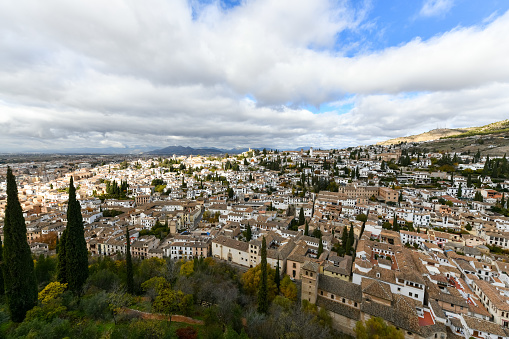 Panorama of El Albayzin district in Granada, Andalusia, Spain, pictured from the Torre del Cubo in the Alacazaba Fortress.