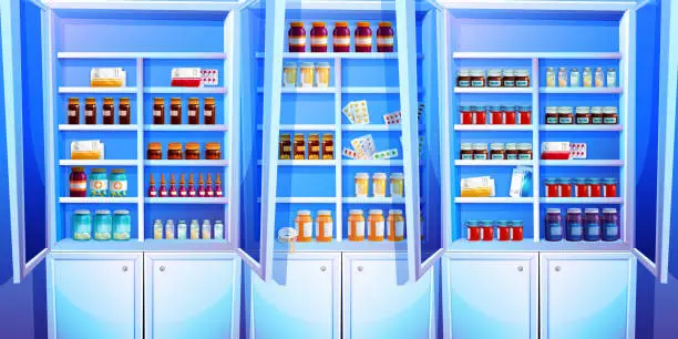 Vector illustration of Medical and online commerce concept in cartoon style. Showcases with medicines and pills on the background of the pharmacy interior.