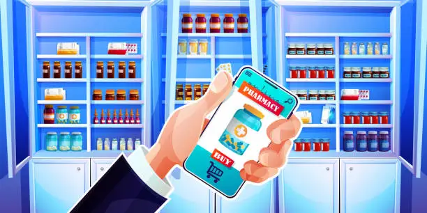 Vector illustration of Medical and online commerce concept in cartoon style. Buying medicines online. A hand holds a mobile phone on the background of the pharmacy interior.