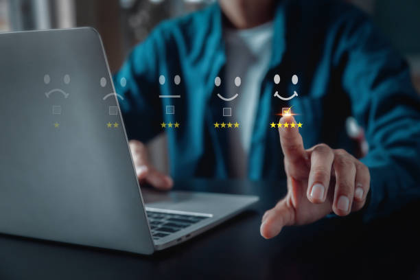 istock Customer services best excellent business rating experience. Satisfaction survey concept. user give rating to service experience on online application . 1457105189