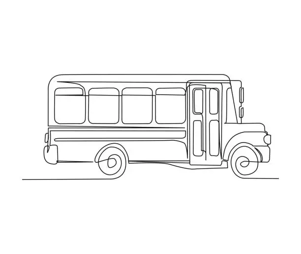 Vector illustration of Continuous one line drawing of old school bus. Vintage school bus line art vector illustration.