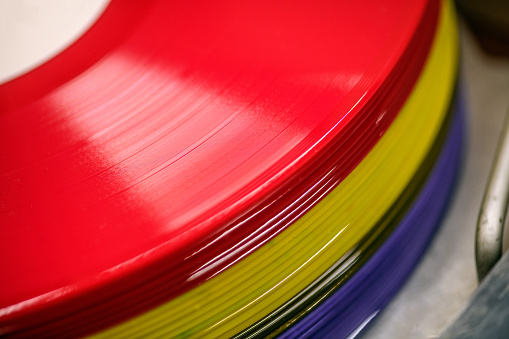 Vinyl Record Printing Pressing Plant, Stack of colored records