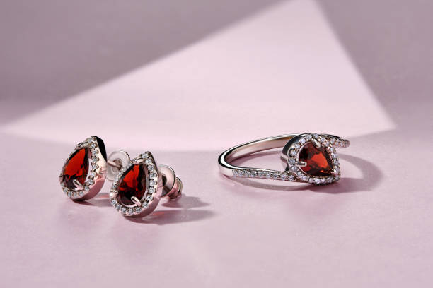 Elegant jewelry set. Jewellery set with gemstones. Jewelry accessories collage. Product still life concept. Ring, necklace and earrings. stock photo