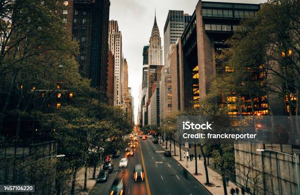 Manhattan Downtown Street With Cars Stock Photo - Download Image Now - Midtown Manhattan, Yellow Taxi, Street