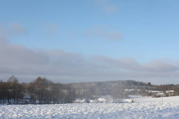 ländlich schöne winterlandschaft. nicht-urbane szene. neujahr, weihnachten. malerische aussicht auf die landschaft an einem frostigen wintertag - winter non urban scene snow tree stock-fotos und bilder