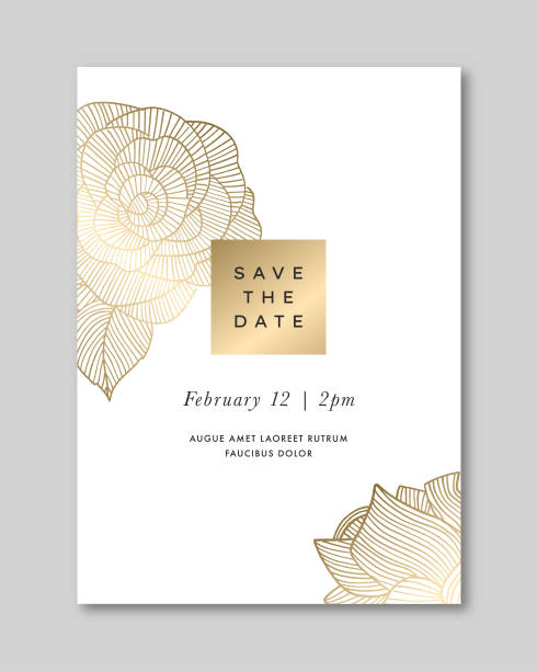 골드 로즈 날짜 카드 저장 - wedding invitation rose flower floral pattern stock illustrations