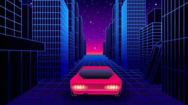 Vector illustration of Neon car in 80s synthwave style racing throug the city street. Retrowave auto illustration with shiny neon car on the grid landscape road in 90s arcade game style.