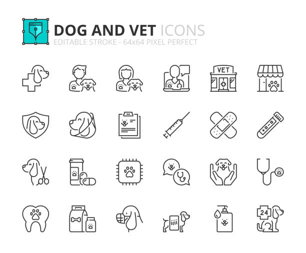 ilustraciones, imágenes clip art, dibujos animados e iconos de stock de conjunto simple de iconos de contorno sobre perros y veterinarios. mascotas. - clínica veterinaria