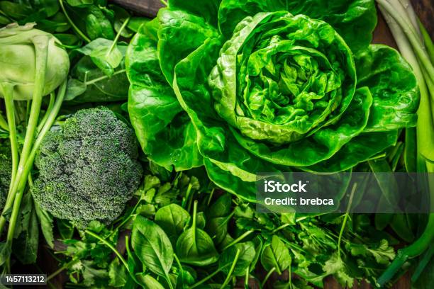 Green Organic Vegetables And Dark Leafy Food Background As A Healthy Eating Concept Stock Photo - Download Image Now