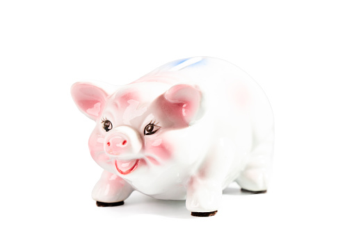 Smiling pig piggy bank on white background. Saving concept