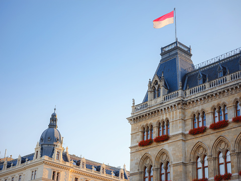 Scenic view of Viena capital, impressive gothic architecture of City hall or Rathaus . Travel and landmarks of Austria, details and flowers and flag of Vienna on buildings