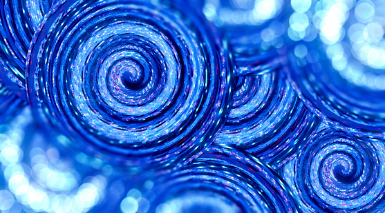 Abstract technology background with futuristic spirals glowing with blue lights, blinking led and symbols. Spinning shapes moved by blue energy with selective focus and bokeh effect: metaverse, quantum computing, future of technology, science fiction.