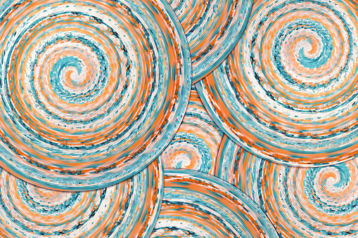 Background full of spinning shapes forming spirals with intricate details painted with teal and orange colors, resembling a series of hypnotic mandala.