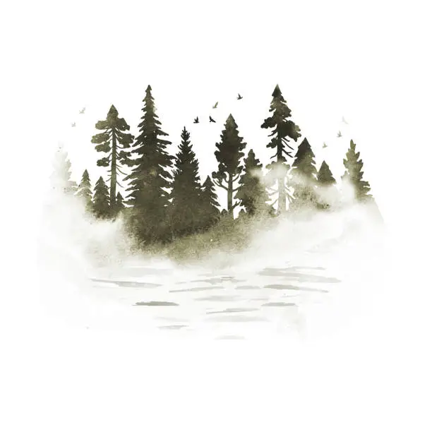 Vector illustration of Watercolor foggy coniferous forest with river  in brown colors. Vector silhouette of trees. Nature hand drawn illustration with splashes