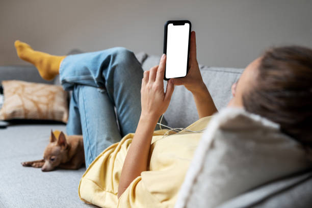 istock Woman holding smart phone in hands while lying down on sofa at home with her sad small dog, blank screen of cell phone mobile app copy space. 1457117229