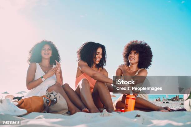 Friends Sunscreen And Relax At Beach Happy And Summer Holiday Travel And Blue Sky In Miami Happy And Smile Blaxk Women Vacation And Ocean Vacation Happiness And Afro With Skincare And Safety Stock Photo - Download Image Now