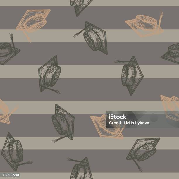 Graduated Hat Pattern Graduate Hat Engraved Seamless Pattern Vintage Element Education In ...