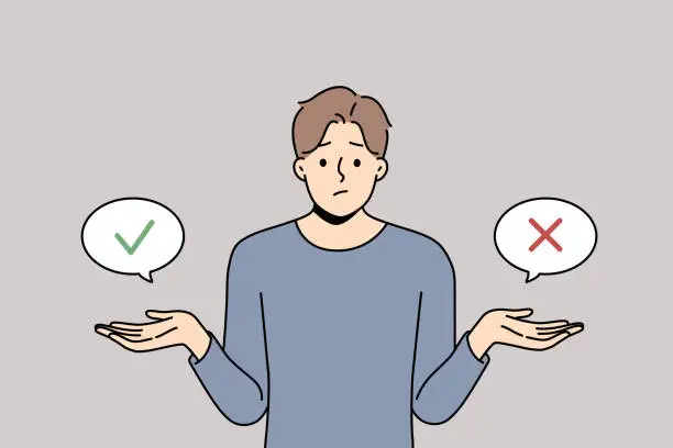 Vector illustration of Confused man doubt about decision making