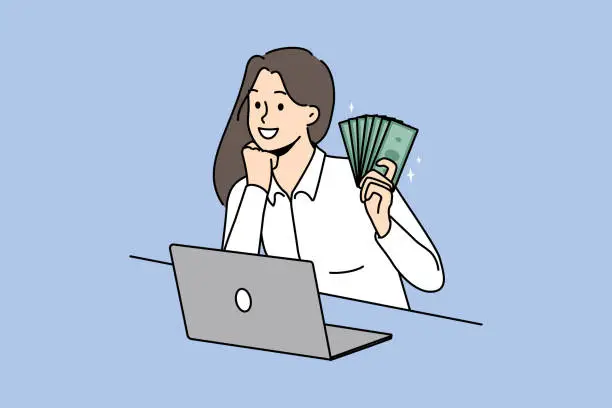 Vector illustration of Smiling woman work on laptop online earn money