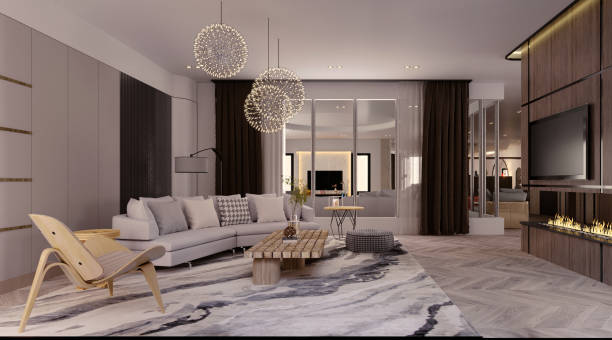 istock 3d rendering,3d illustration, Interior Scene and  Mockup,living room modern style ceiling decoration,white sofa round lamp decoration. 1457120941