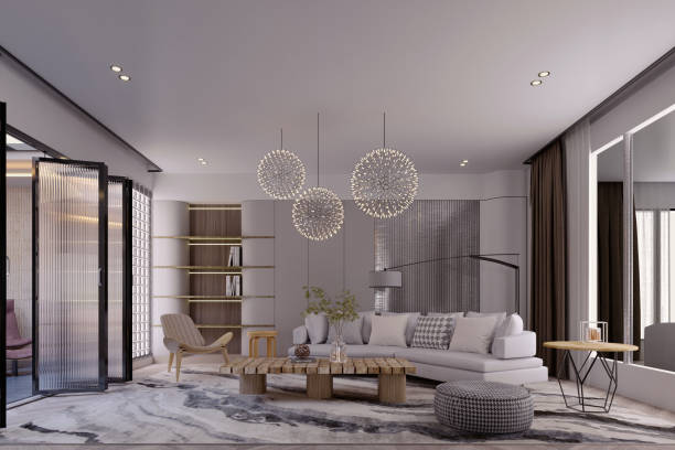 istock 3d rendering,3d illustration, Interior Scene and  Mockup,living room modern style ceiling decoration,white sofa round lamp decoration. 1457120947