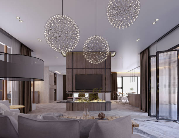 istock 3d rendering,3d illustration, Interior Scene and  Mockup,living room modern style ceiling decoration,white sofa round lamp decoration. 1457120985